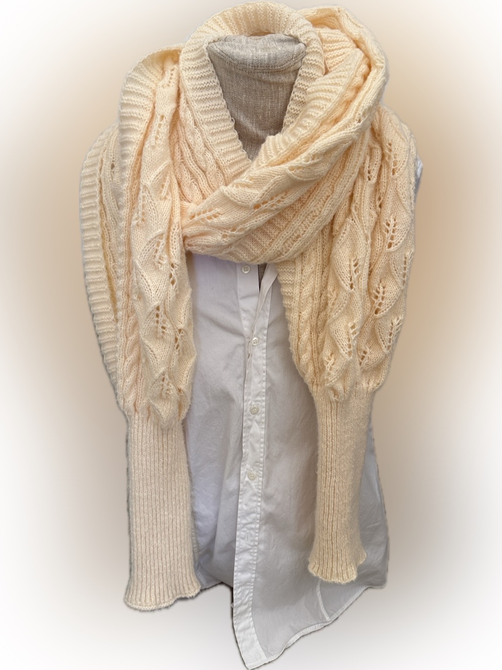 Soft Acrylic Knitted Cable Sweater with Sleeves Scarf Unisex Shrug Butter Color